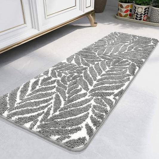 Gray Bathroom Runner Rug - Grey Long Bath Mat Tropical Leaf Bath Rugs Non Slip Washable Bathrug for Bathroom Floor, Cute Restroom Rug, Plant Absorbent Bathmat Botanical Home Decor 18" x 47"