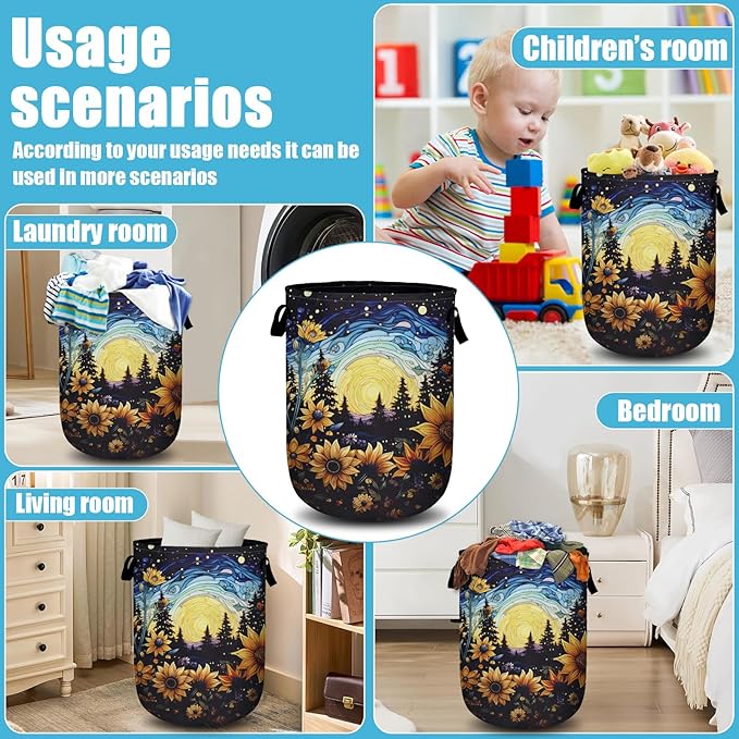 Starry Sky Sunflower Laundry Basket, Moon Flower Laundry Hamper Collapsible Oxford Cloth with Handle Clothes Toy Storage Bin for Bathroom Laundry Room Bedroom 15.7 X 20 Inch