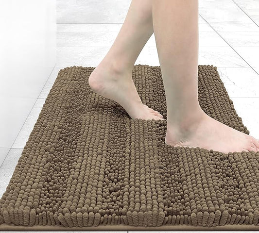 Grandaily Chenille Striped Bathroom Rugs 24x16, Extra Thick and Absorbent Bath Mats, Non-Slip Soft Plush Shaggy Shower Carpet, Machine Wash Dry, Bath Rug for Bathroom, (Small, Camel)