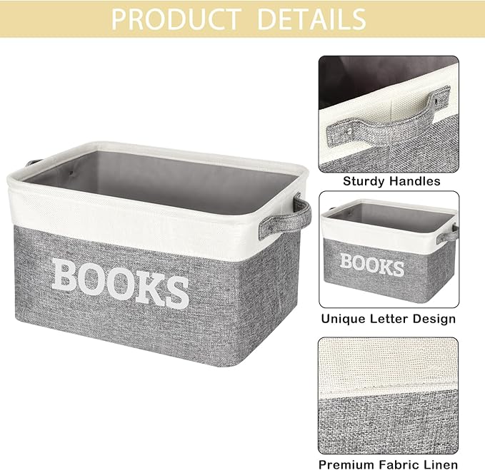 Lukeline Book Storage Baskets for Organizing, 15.5 x 11.6 x 9.4 Storage Basket for Books Cookbook and Recipe, Collapsible Storage Bin, Decorative Baskets for Home, Shelves, Classroom (BOOKS)