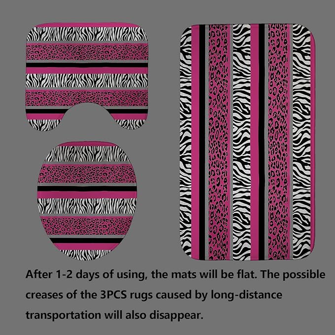 4PCS/Set Hot Pink Leopard Print Shower Curtain, Black and White Zebra Print Wildlife Safari Animal Skin Stripe Fashion Women Girly Bathroom Decor, Non-slip Bath Mat Toilet Rug, Cheetah & Zebra