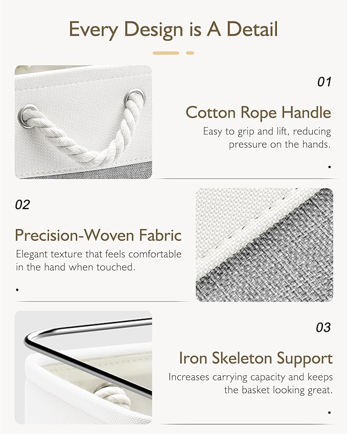 11 Inch Cube Storage Bins, 4 Pack Fabric Storage Cubes with Rope Handles, Organizer Baskets for Closet Shelves, Clothes and Home Organization(White/Gray)