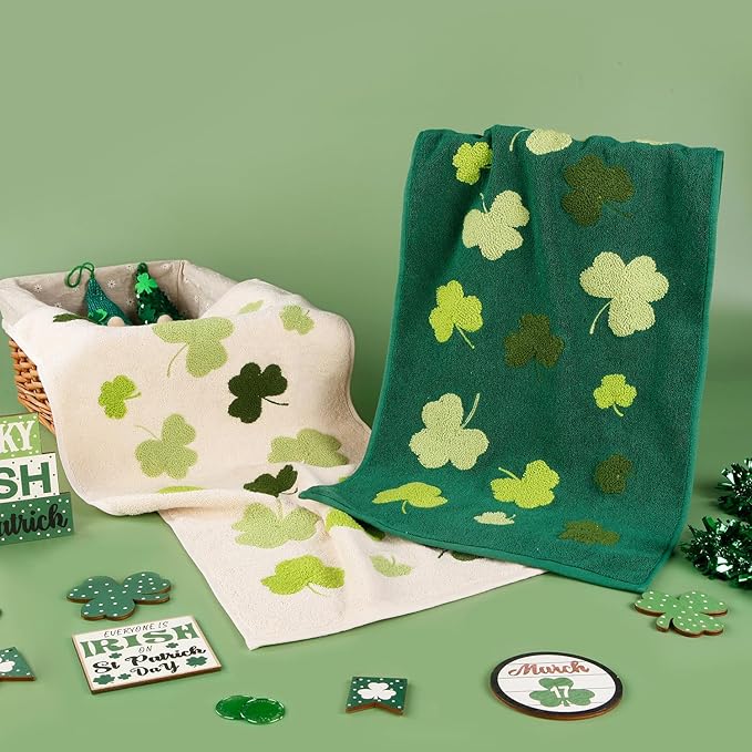 2 Pack St. Patrick's Day Hand Towels Green Clover Shamrocks 3D Embroidered 100% Cotton Soft Absorbent Bathroom Decorative Towels Set for Kitchen,Bathroom,Home,St. Patrick's Day Party,13.7'' x 29.5''