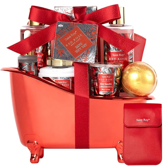 Christmas Spa Gift Set For Women, Birthday Gifts for Her, Spa Gift Basket for Women, Red Rose Bath and Body in Floral Scents Bath Kits, Home Spa Gift Basket, Bath Spa Kit for Mothers day Bath Lotion