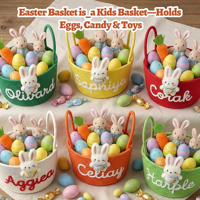 Personalized Easter Basket for Kids with Name - Custom Cute Embroidery Easter Bunny Rope Basket for Boys Girls, Easter Egg Hunt Basket (Two Handles+7 Colors)
