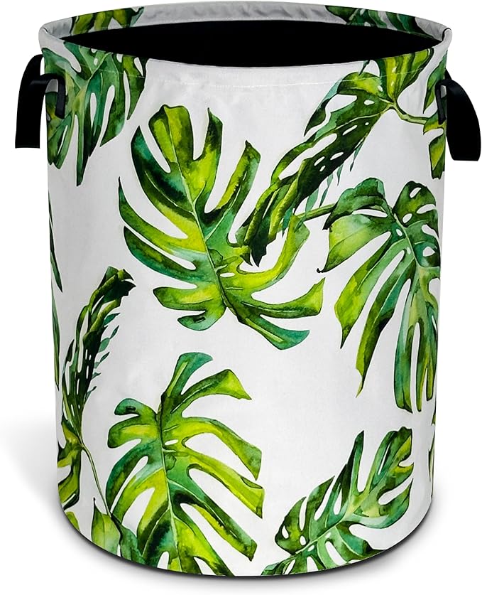 Green Leaf Laundry Basket Hawaiian Palm Tree Foldable Oxford Cloth Funny Tote Bag Laundry Hamper Clothes Storage Bucket Organizer For Bathroom/Laundry Storage/Bedroom 17.7x13.7 Inch