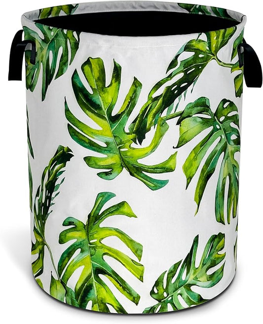 Green Leaf Laundry Basket Hawaiian Palm Tree Foldable Oxford Cloth Funny Tote Bag Laundry Hamper Clothes Storage Bucket Organizer For Bathroom/Laundry Storage/Bedroom 17.7x13.7 Inch