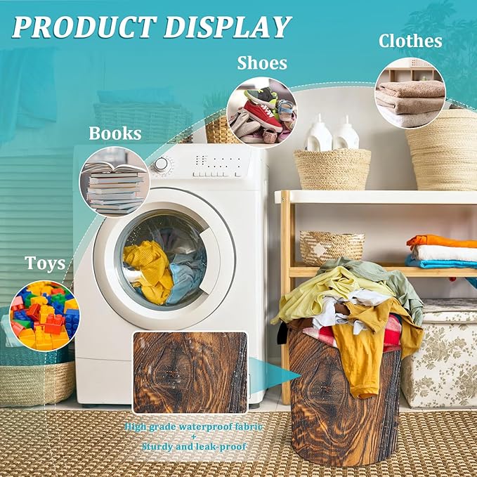 Wood Grain Laundry Basket, Tree Stump Texture Laundry Hamper Funny Tote Bag Dirty Clothes Storage Bucket Toy Organizer for Bathroom/Laundry/Bedroom 15.7"x19.6"