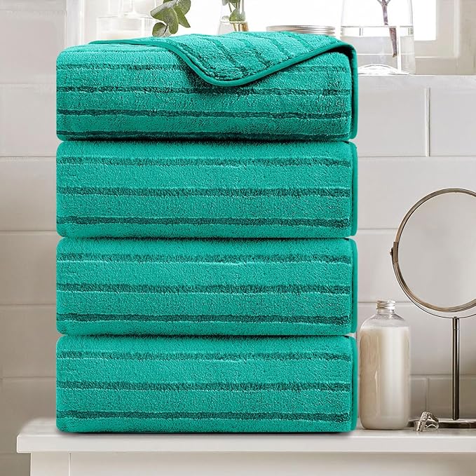 4 Pcs Blue Green Cabana Stripe Large Bath Towels 35"x70" Oversized Bath Sheet Soft Breathable Jumbo Bathroom Towels Highly Absorbent Shower Towel Quick Dry Beach Chair Towel Spa Gym Hotel Towel Set