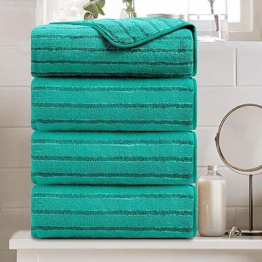 4 Pcs Blue Green Cabana Stripe Large Bath Towels 35"x70" Oversized Bath Sheet Soft Breathable Jumbo Bathroom Towels Highly Absorbent Shower Towel Quick Dry Beach Chair Towel Spa Gym Hotel Towel Set