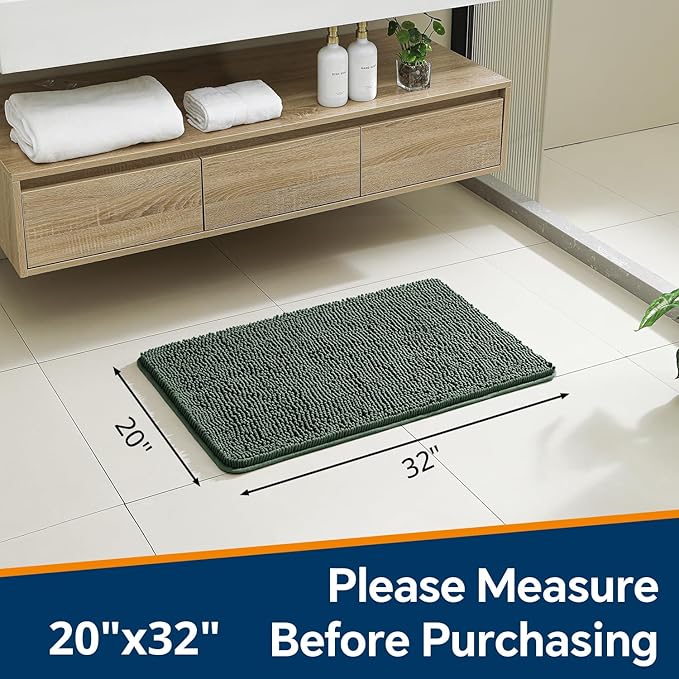 Hunter Green Bathroom Rugs 20"x32" - Thick Plush Chenille Non-Slip Bath Mat - Absorbent, Washable, Soft Decor for Sink, Shower, Tub, Kitchen, Home Accessories