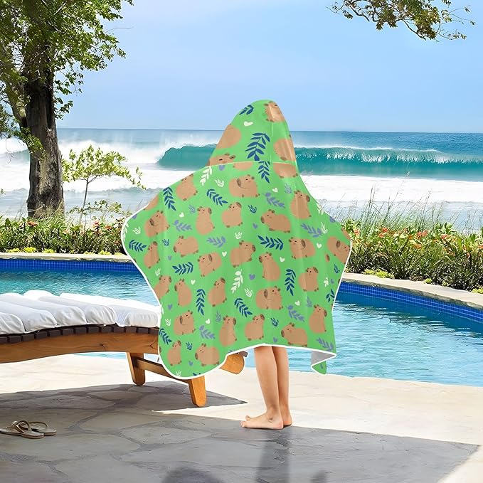Green Cute Capybara Hooded Beach Towel for Kids, Kids Bath Hooded Towels for Boys Girls, Super Soft Absorbent Bathrobe with Hood for Swin Pool 50"x23.5"
