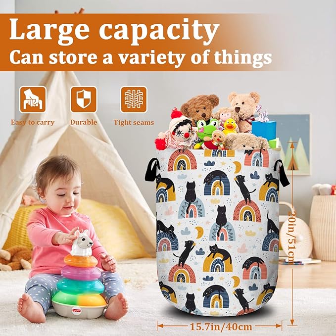 Rainbow Black Cat Laundry Basket with Sturdy Handles, Collapsible Oxford Cloth Laundry Hamper Organizer Basket for Bathroom Bedroom 15.7x20 Inch