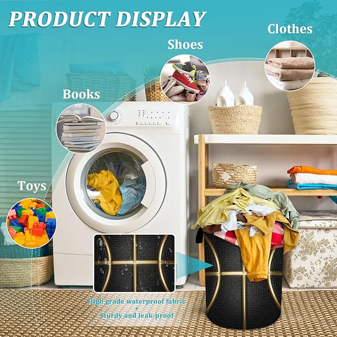 Black and Gold Basketball Laundry Basket, Foldable Waterproof Oxford Cloth Laundry Hamper Funny Tote Bag Dirty Clothes Storage Bucket Toy Organizer for Bathroom/Laundry/Bedroom 15.7"x19.6"