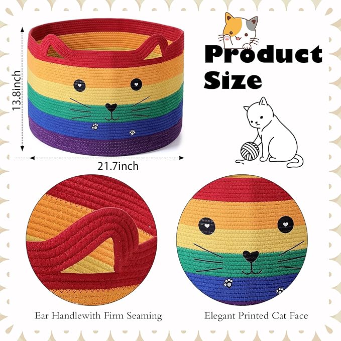 Zopeal Cat Basket Storage Woven Organizer with Ears Christmas Decorative Pet Toy Cute Cotton Rope Basket for Gift Cat Dog Toy Bin Nursery Room(21.7 x 13.8 Inch,Rainbow)