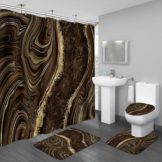 4PCS Brown Marble Bathroom Sets with Shower Curtain and Rugs, Modern Gold Shower Curtain Sets with Rugs for Bathroom Decor, Bathroom Curtains Shower Set with Toilet Lid Cover Accessories