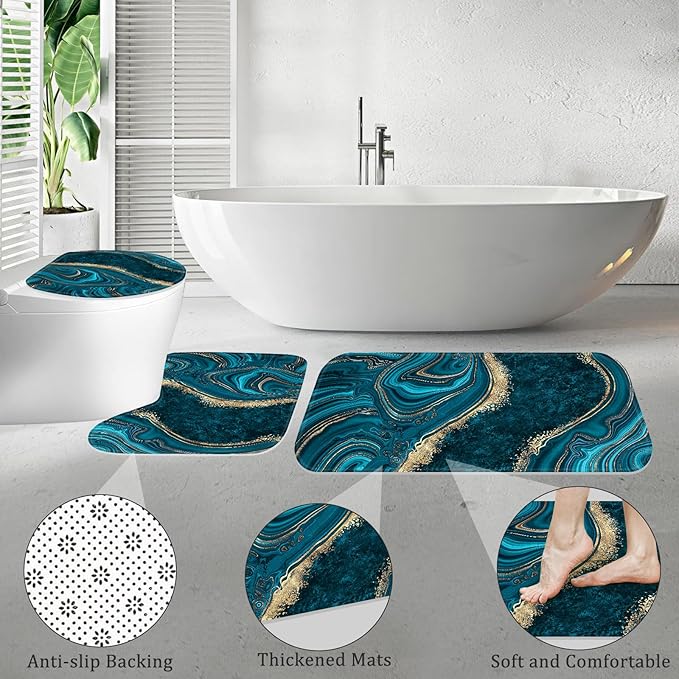 4PCS Teal Blue Gold Marble Shower Curtain Sets with Rugs, Abstract Bathroom Sets with Shower Curtain and Rugs, Modern Bathroom Curtains Shower Set with Accessories for Bathroom Decor