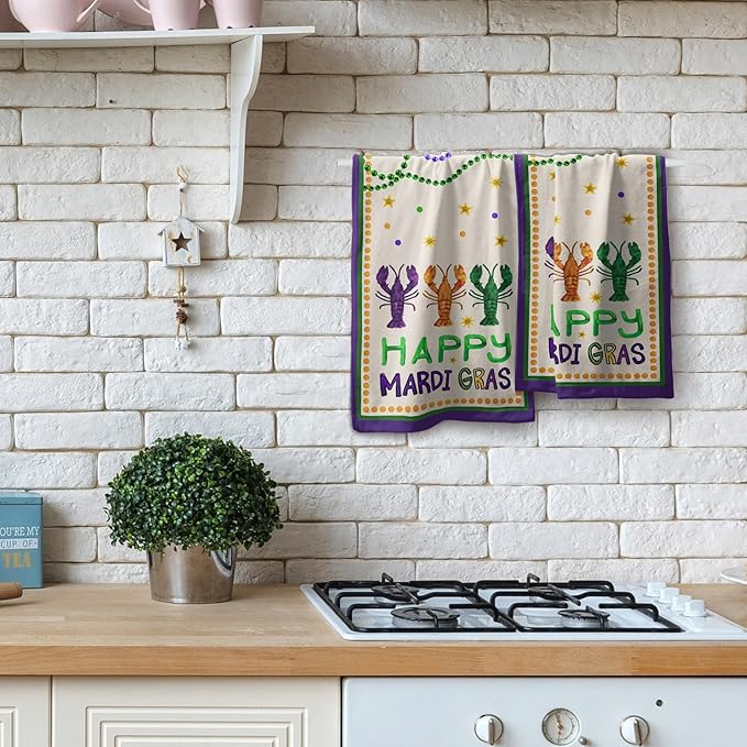 Happy Mardi Gras Kitchen Towels Set of 2 Soft Absorbent Purple Tea Towels Baking Cooking Wash Cloth Mardi Gras Decor Hand Dishtowels for Bathroom Kitchen Bar Beach Gym Spa Decor 14x28 Inch