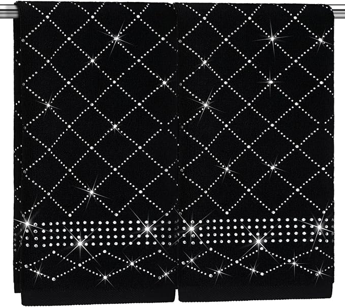 2 Pcs Black Sparkling Hand Towels with Full Rhinestones for Bathroom 100% Cotton Glitter Soft Elegant Hand Bath Towels Absorbent Machine Washable for Spa Yoga Hotel Sport, 29.5" x 13.8"