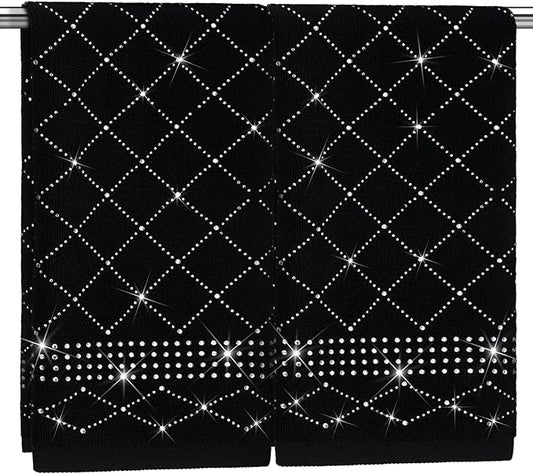 2 Pcs Black Sparkling Hand Towels with Full Rhinestones for Bathroom 100% Cotton Glitter Soft Elegant Hand Bath Towels Absorbent Machine Washable for Spa Yoga Hotel Sport, 29.5" x 13.8"