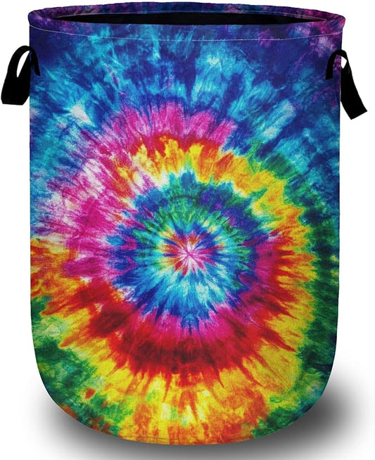 Colorful Tie Dye Laundry Basket with Sturdy Handles, Collapsible Oxford Cloth Laundry Hamper Organizer Basket for Bathroom Bedroom 15.7x20 Inch