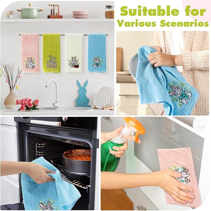 4 PCS Easter Towels Set 29" x 13" Cotton Embroidered Bunny Bathroom Hand Towel Colorful Retro Bunny Rabbit Decorative Soft Hand Towels Absorbent Set for Bunnies Housewarming Gifts