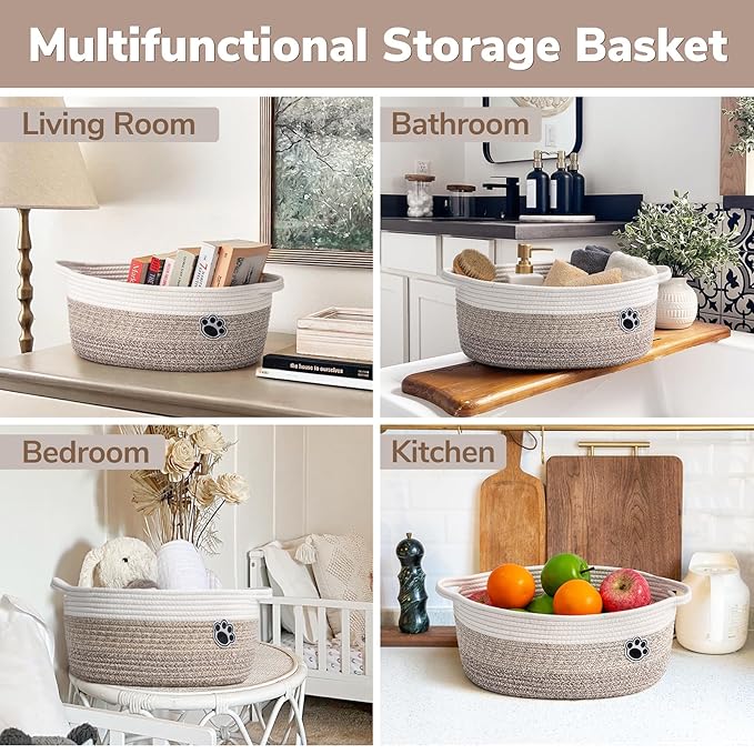 Dog Basket Gift Basket Empty, 13.6"x 10" x 6" Woven Storage Baskets for Organizing, Cotton Rope Baskets for Shelf, Dog Storage Bins with Handles, Mixed-Brown