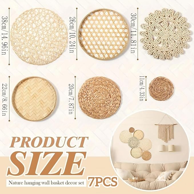 Boho Wall Baskets 7Pcs/Set Different Size & Style Boho Wall Basket Decor Straw Woven & Round Decorative Art for Living Room, Bedroom, Farmhouse, Nursery.