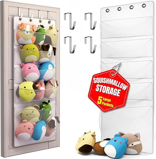 Honeyera Squishmallow Holder - Over The Door Space Saving Storage Solution with 5 Large Pockets - Quick 1-Minute Installation - Organize and Display Squishmallows - Durable and Easy Access for Kids