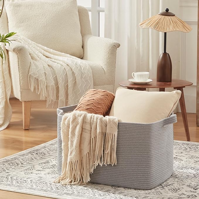 108L Extra Large Blanket Basket, 24.8" x 16.2" x 16.2" Rectangle Woven Storage Baskets for Living Room, Nursery, Bedroom, Toy Basket with Handle (Dark Grey)