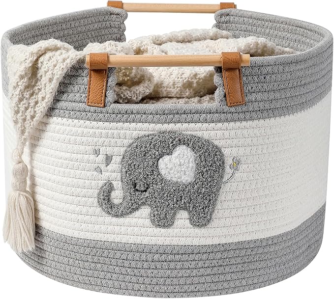 Large Blanket Basket 35L Cotton Rope Basket with Wooden Handles Woven Baskets for Kids Stuffed Animal Toys Storage for Nursery, Laundry Hamper Clothes Baby Hamper Boys Gift Basket Empty, (Elephant ）
