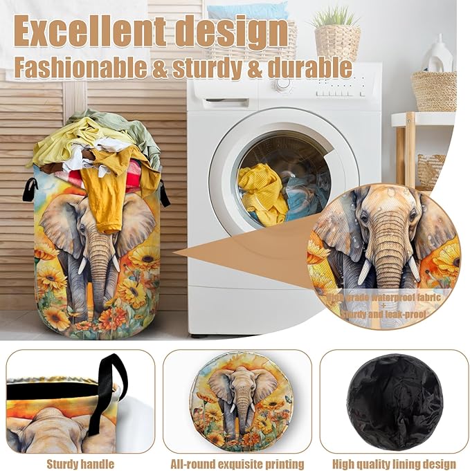 Watercolor Elephant Sunflower Laundry Basket, Foldable Wild Animals Laundry Hamper Tote Bag Dirty Clothes Storage Bucket Toy Organizer for Bathroom/Laundry/Bedroom 15.7"x19.6"