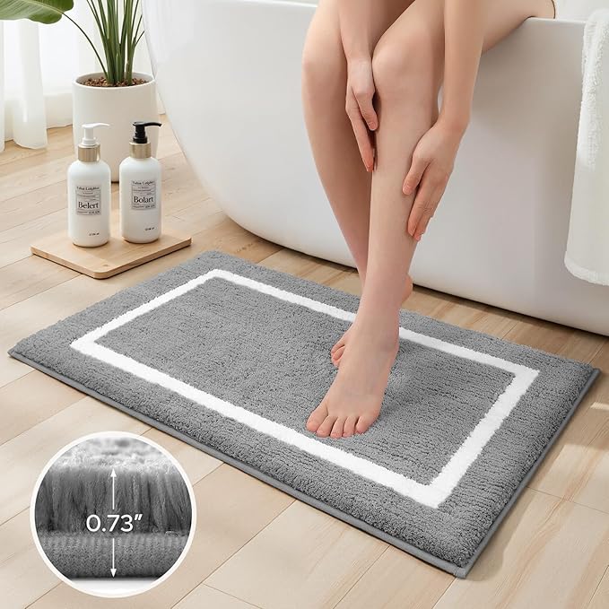 HOMEIDEAS Bathroom Rugs Sets 2 Piece, Super Soft and Absorbent Microfiber Tufted Bath Mats, Non-Slip and Machine Washable Bath Rugs(Light Grey)
