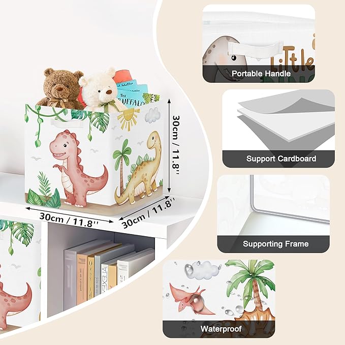 Clastyle Dinosaurs Storage Cube Organizer Set Plants Closet Clothes Cube with Metal Frame Foldable Parents Organizer Storage Basket for Book Toy,Brown,11.8x11.8x11.8 in