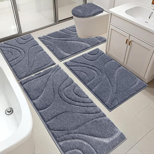 HEBE Bathroom Rugs Sets 5 Piece, Soft Absorbent Microfiber Bath Mat for Bathroom, Non Slip Washable Bath Rug Set with Toilet Cover, Bath Runner and U-Shaped Contour Toilet Rug, Dark Grey