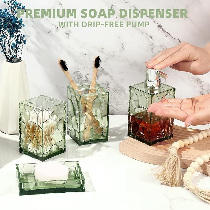 Green Bathroom Accessories Set with Toothbrush Holder, Soap Dispenser, Tumbler, Soap Dish, Sage Green Bathroom Decor, Acrylic (Green-4pcs)
