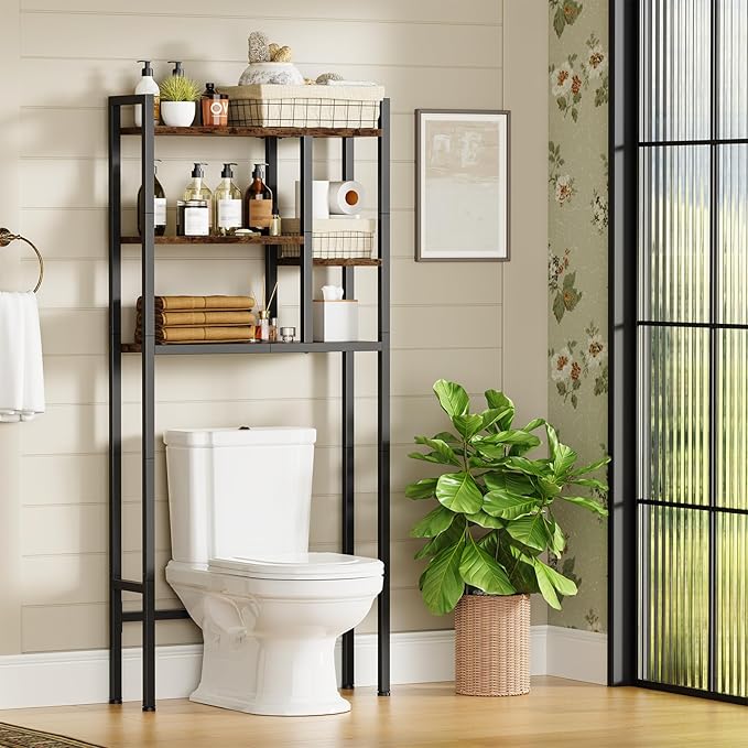 Over-The-Toilet Storage Rack, 3-Tier Bathroom Shelves Over Toilet, Above Toilet Storage, Behind Toilet Bathroom Organizer, Space Saver, Freestanding, Rustic Brown