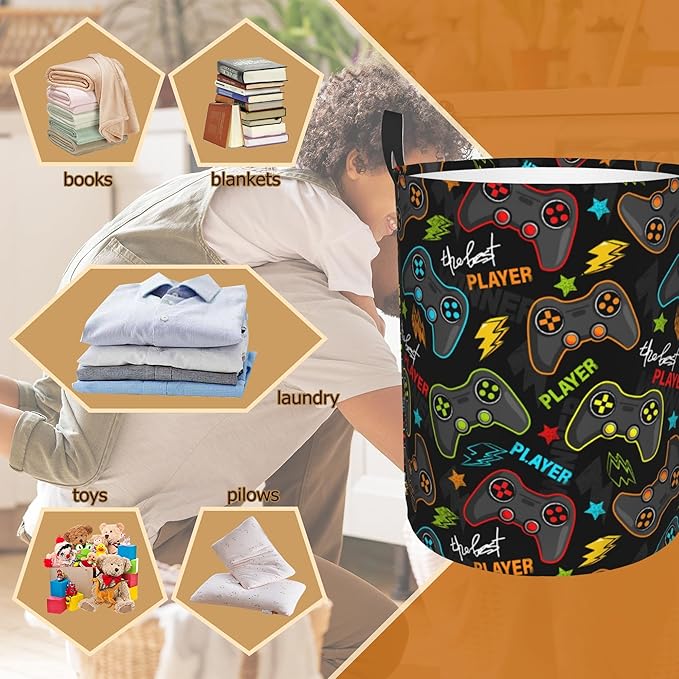 Game Controller Collapsible Laundry Basket,Player Gamepad Bedroom Waterproof Laundry Hamper,Bathroom Large Storage Bag,College Dormitory Living Room Nursery Organizer Toy Bin 16" x 20"