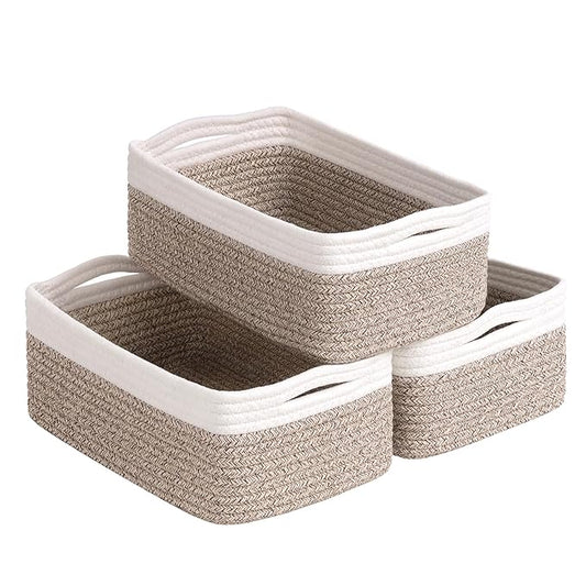 Goodpick Baskets for Organizing, 11 x 7 x 4.5 in, Baskets for Shelves, Toy Storage, Home Decor, Dorm Decor 3 Pack for Bathroom, White & Light Brown