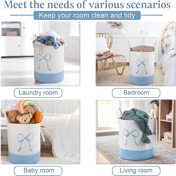 Honeydak Blue Laundry Basket Bow Hamper Coquette Laundry Basket Cotton Rope Blue Hamper 15 x 17.7 Inches Toy Box Large Coquette Bow Teens Girls Room Storage for Blanket Toys Clothes Organization
