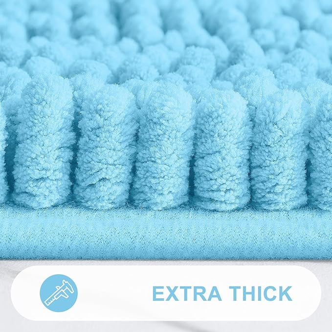 Grandaily Chenille Striped Toilet Rugs U-Shaped 24x20, Extra Soft and Absorbent Bathroom Rugs, Non-Slip Plush Shaggy Bath Rug, Machine Washable Contour Bath Mats for Toilet Base, Blue