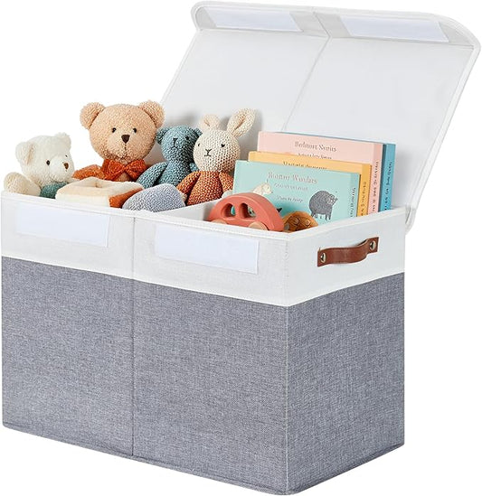 DECOMOMO Large Toy Storage Box with Lid - 25" x 12" x 16" Toy Chest Storage Bin with Divider for Kids, Nursery, Playroom (Grey & White)