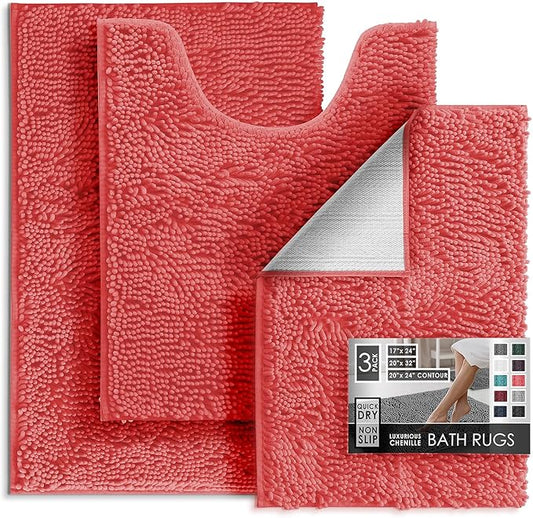 Hearth & Harbor Bathroom Rugs, Chenille Bath Mat - Machine Washable Bath Mats for Bathroom Non-Slip Backing Rubber, Quick Dry Mat - Rose Bath Rug, 17x24-20x32-20x24