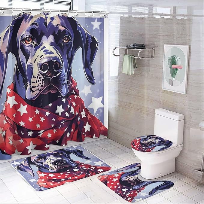 Great Dane Dog in Scarf Christmas 4Pcs Shower Curtain Set with Rugs with Non-Slip Rugs Toilet Lid Cover And Bath Mat Dog Lover Gifts Waterproof Personality Pattern Bath Curtain for Bathroom Decor