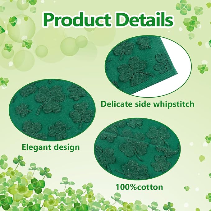 2 Pack St. Patrick's Day Hand Towels Kitchen Dish Towels Green Clover Shamrocks 100% Cotton Soft Absorbent Decorative Bathroom Towels Set for Drying, Cleaning, Cooking, 13.7'' x 29.5''