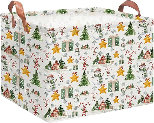Rectangular Storage Basket Empty,Storage Bin with Handles,Room Decor,Gift Basket,Book Box(Watercolor Christmas)