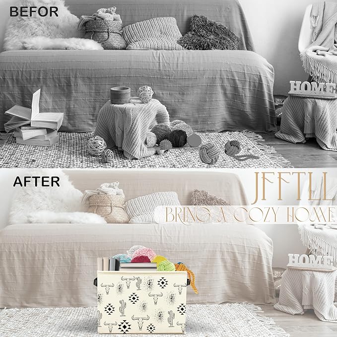 Western Storage Bins with Handles, Western Room Decor, Southwest Country Aztec Cactus Bull Skull Collapsible Laundry Basket Storage Box for Home Bedroom Bathroom Clothes Toys Books