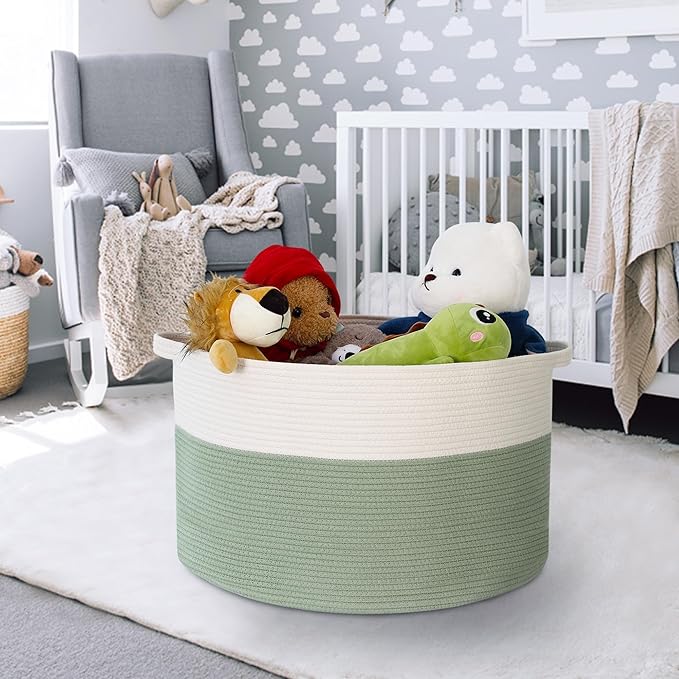 Extra Large Blanket Basket, 22" X 22" X 14" Kids Dog Toy Storage Bin Box, Nursery Baby Toddler Toy Organizer, Soft Cotton Rope Woven Bin, Large Basket for Blankets for Living Room, Green