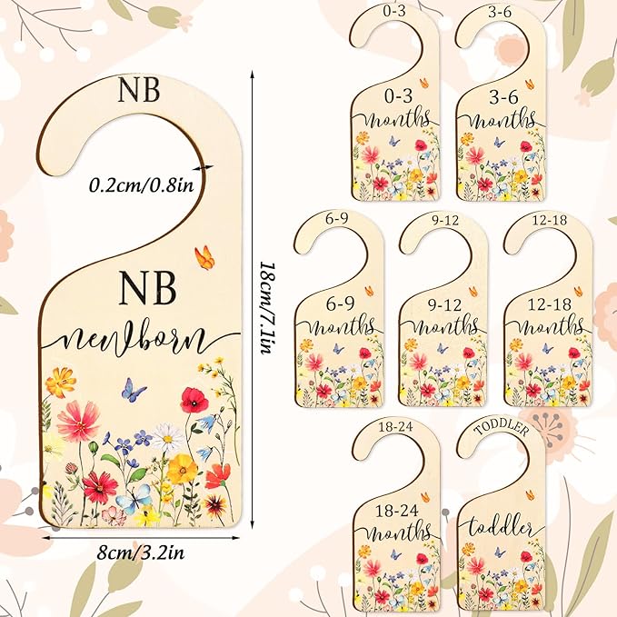 AnyDesign 8Pcs Wildflower Wood Baby Closet Dividers Newborn to 24 Months Baby Wardrobe Organizer Spring Vintage Floral Hanging Closet Organizer for Home Nursery Birthday Decor