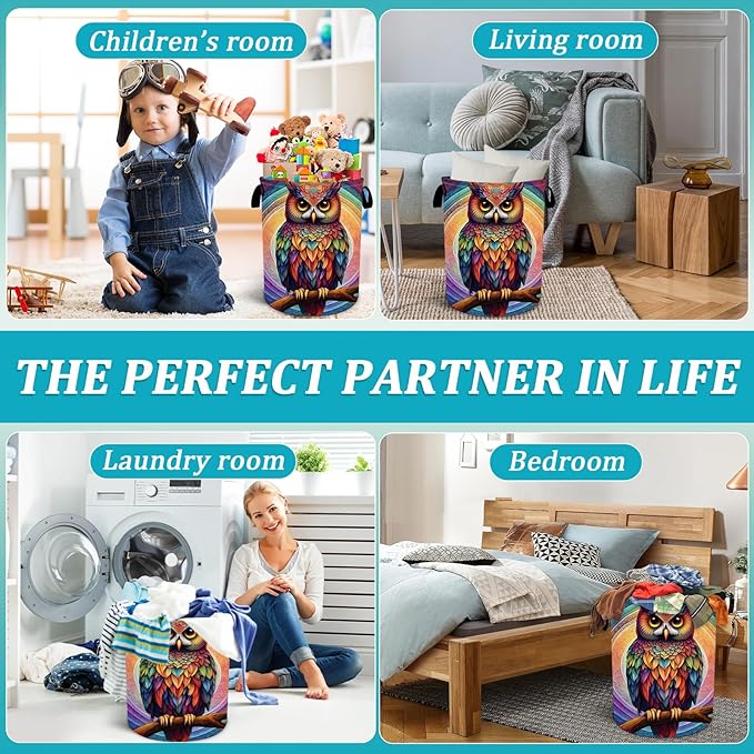 Owl Laundry Basket, Foldable Waterproof Oxford Cloth Mandala Laundry Hamper Funny Tote Bag Dirty Clothes Storage Bucket Toy Organizer for Bathroom/Laundry/Bedroom 15.7"x19.6"